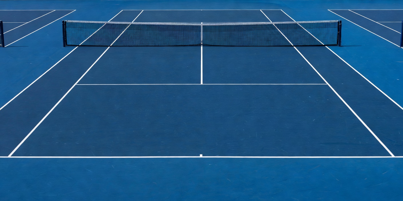 Blue hard tennis court with white service lines and an empty net
