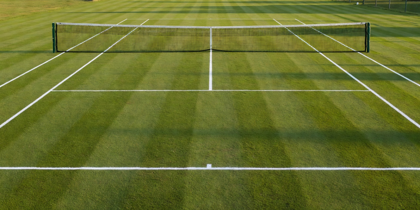 Empty grass tennis court with a taut net and clearly marked white lines