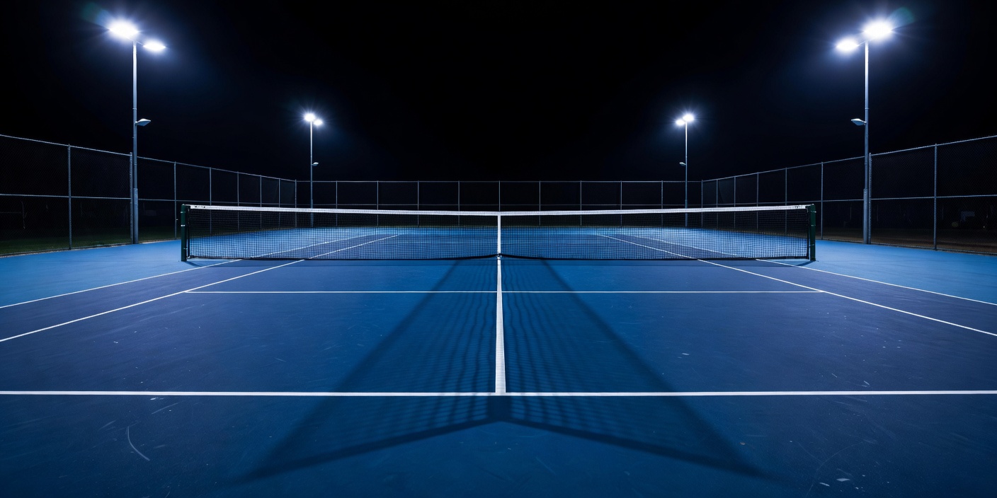Unoccupied hard tennis court and net illuminated by floodlights