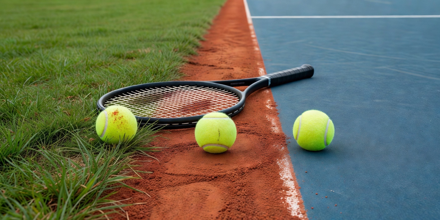 Unbranded tennis racket and balls arranged beside grass, red clay and blue hard-court surfaces