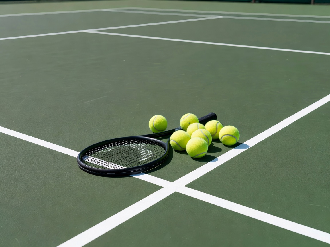 Unbranded tennis racket and yellow balls beside white court lines